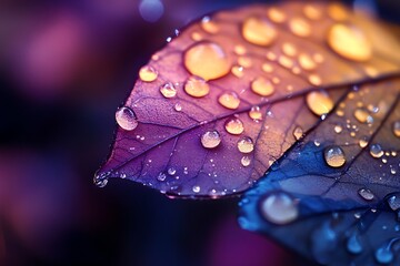 Close up of raindrops on a colorful leaf with vibrant hues and a blurred background