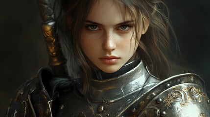 Portrait of a young female warrior in medieval armor. Arthurian Legend. Illustration