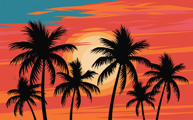 Palm Tree Silhouettes with Sunrise Vector