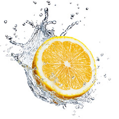 A fresh lemon slice splashing into clear water, showcasing vibrant colors and refreshing essence. Perfect for culinary themes, Transparent background.
