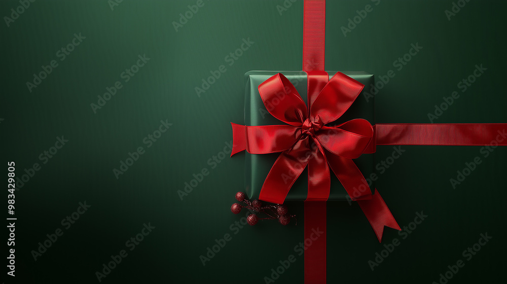 Wall mural christmas green and red present ribbon on background,