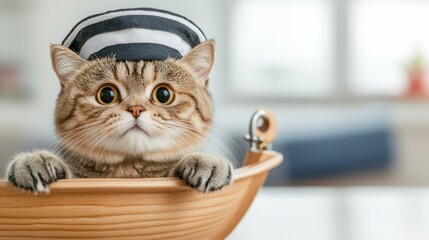 Naklejka premium A cat in a boat with hat on looking at camera, AI