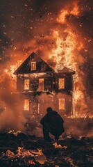 A house engulfed in flames at night with a person in the foreground. Dramatic, realistic style. of loss and destruction