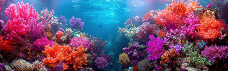 Fototapeta premium background that captures the vibrant colours and natural textures of a coral reef, showcasing a variety of coral formations in bright reds, pinks, and purples for an exotic, underwater feel