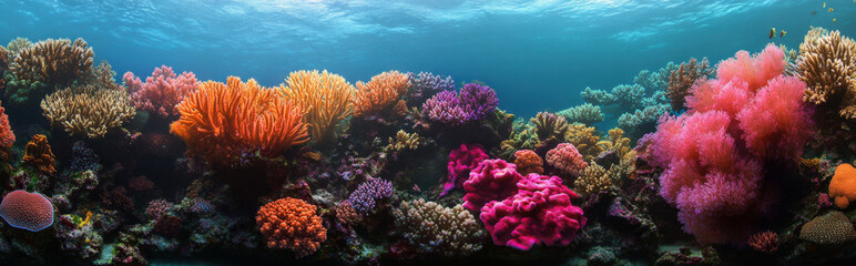 background that captures the vibrant colours and natural textures of a coral reef, showcasing a variety of coral formations in bright reds, pinks, and purples for an exotic, underwater feel