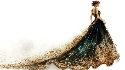 A beautiful woman in a stunning gown with a long, sparkling train.