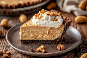 A Slice of Peanut Butter Pie with Whipped Cream and Toasted Peanuts