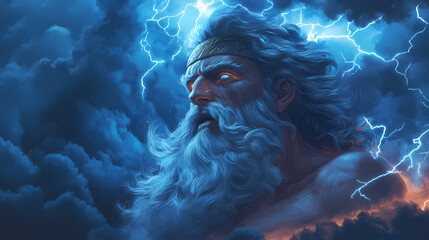 Fototapeta premium Powerful zeus, the ancient greek god of the sky, thunder, and lightning. Olympian Pantheon. Illustration