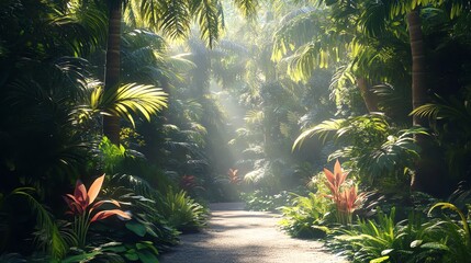 A sunbeam pierces the dense foliage of a lush jungle, illuminating a path leading through the vibrant green.