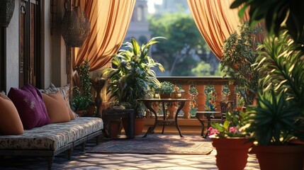 Cozy Balcony with Lush Plants and Draped Curtains