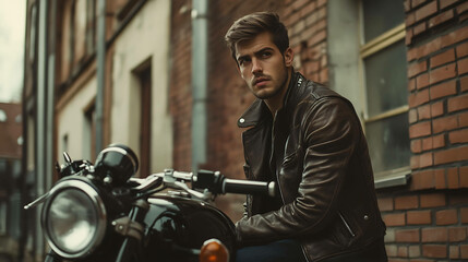 A young man wearing a leather jacket sits on a motorcycle in an urban setting.