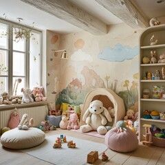 Cozy and Playful Kids' Room with Soft Toys and Whimsical Decor