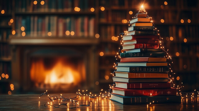 christmas tree decorated with educational books, illuminated with lights, symbolizing the prosperity of education during the new year and christmas season - Powered by Adobe