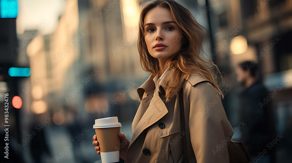 Wall mural young woman in a brown coat walking in the city, holding a coffee cup.