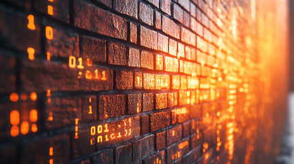 Fototapeta premium A brick wall with glowing binary code.
