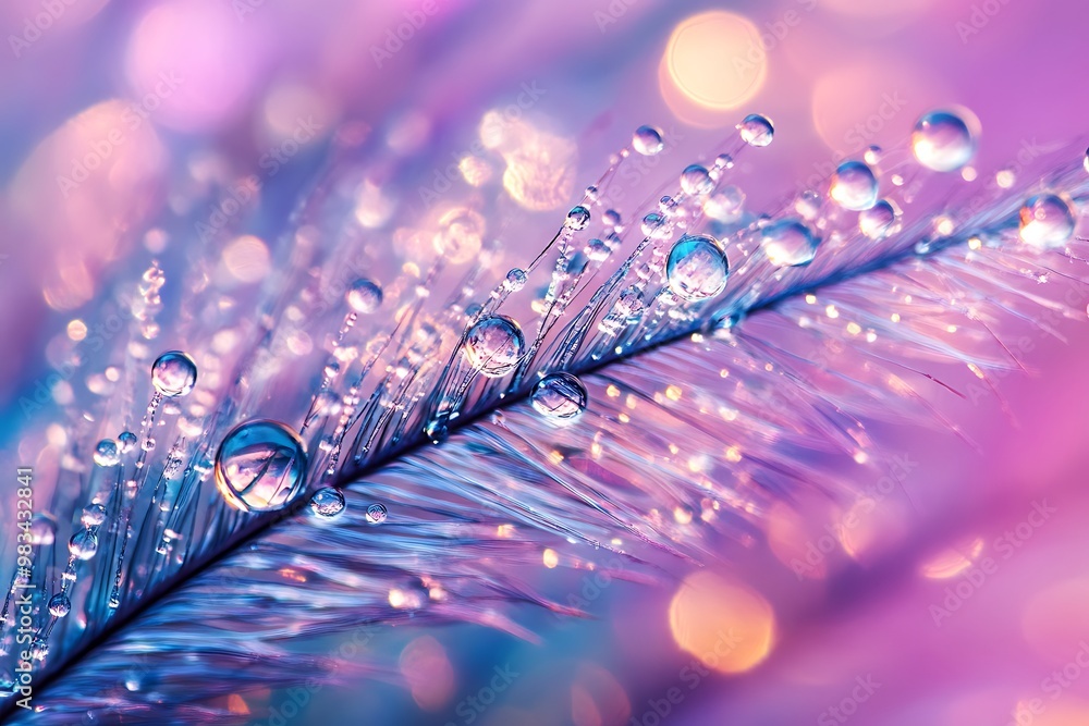 Poster close up of water droplets on a delicate feather with colorful bokeh background