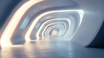 Obraz premium Futuristic and modern hallway with white curved walls and glowing lights.
