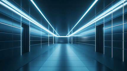 A futuristic hallway with blue neon lights and a reflective floor.