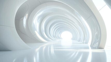 Obraz premium A futuristic, white, curved tunnel leading to a bright light.