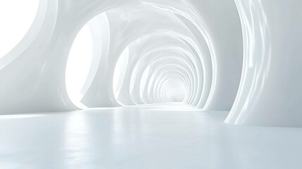 Fototapeta premium Abstract white hallway with curved walls and a light at the end.
