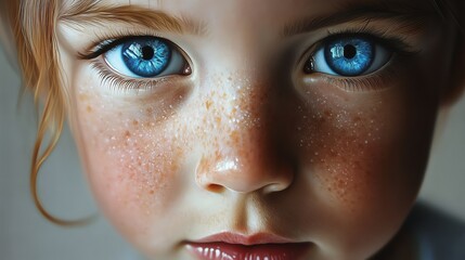 Fototapeta premium A close-up portrait of a young girl with bright blue eyes and freckles.