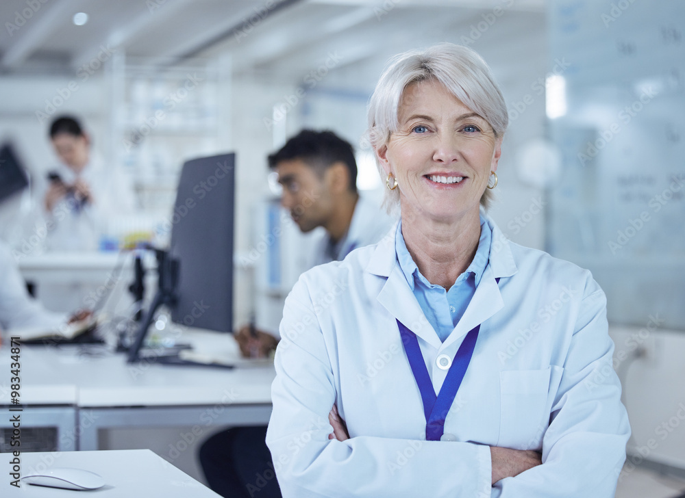 Sticker Portrait, mature woman and smile in lab, scientist and confident for science, arms crossed and healthcare. Proud, medical research and process for medicine, person and cure for mpox in Denmark