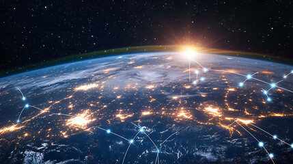 Earth from space with glowing city lights and connecting lines, representing global communication.
