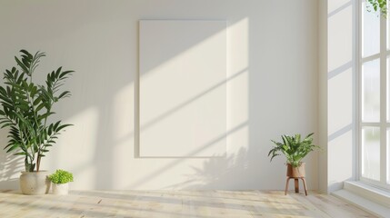 A white frame on a wall with plants. Home Office wall poster mockup. Interior mockup with office background. Modern interior design.