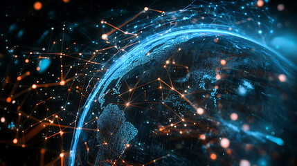 Digital rendering of Earth with glowing blue and orange lines showing global connectivity.