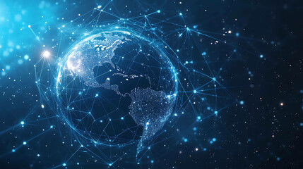 Naklejka premium Abstract digital illustration of a glowing globe with interconnected lines and points.