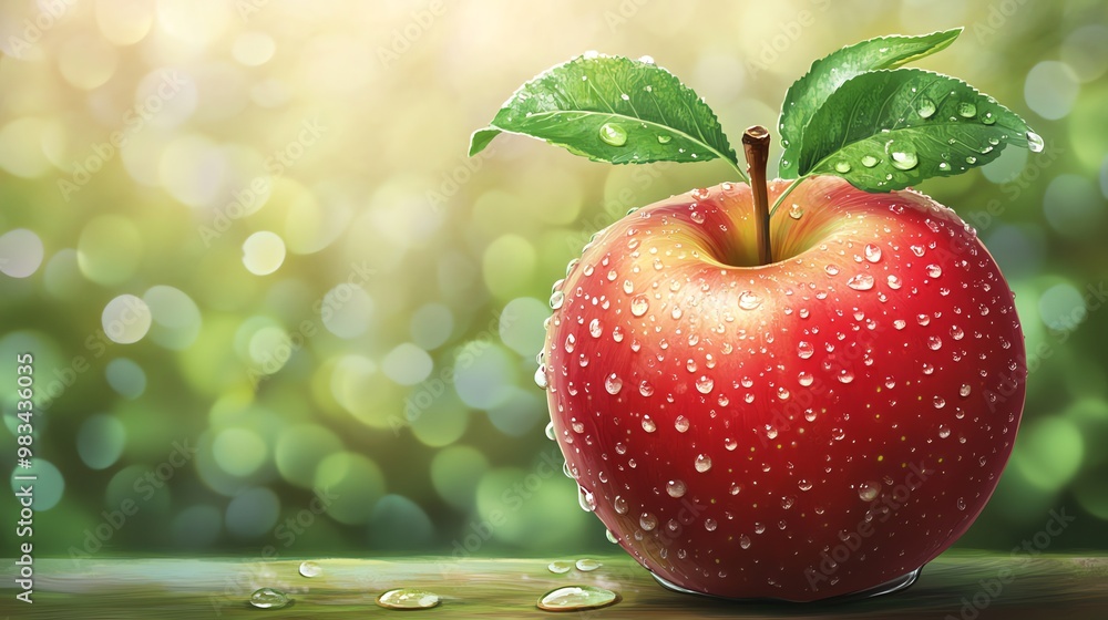 Poster a shiny red apple with water droplets sits on a table with a green bokeh background.
