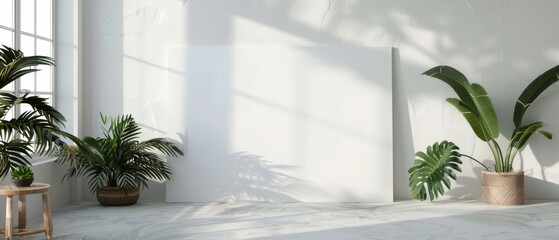 A white frame on a wall with plants. Interior mockup with office background. Modern interior design. 