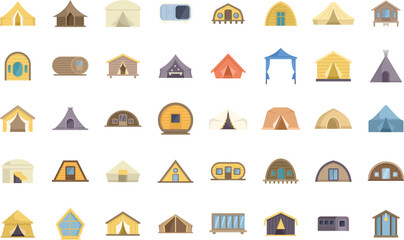 This set of camping tent icons showcases a variety of tent styles, perfect for representing camping, glamping, festivals, or travel accommodations © anatolir