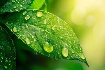 Dewdrops on a Green Leaf, Nature Photography