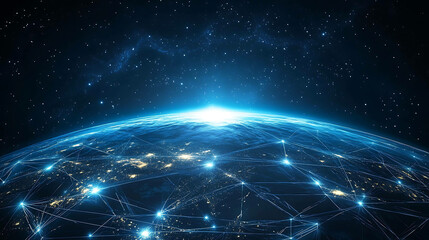 Earth from space with glowing lines connecting cities.