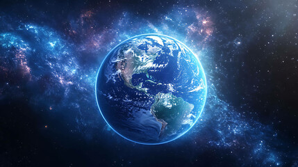 Obraz premium A glowing Earth from space with stars and a nebula in the background.
