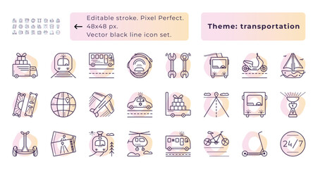 Transportation and vehicles, vector icon set with light beige gradient background, 24 dark blue line signs for delivery and  transport company - 48x48 px editable stroke, pixel perfect and 300x300 px