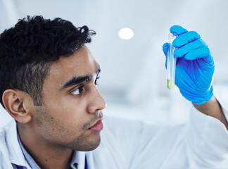 Man, science and chemical in test tube for healthcare, solution and problem solving in lab....