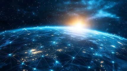 Planet earth from space with glowing lines connecting city lights, representing global communication.