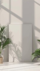 A white frame on a wall with plants. Modern interior design. 