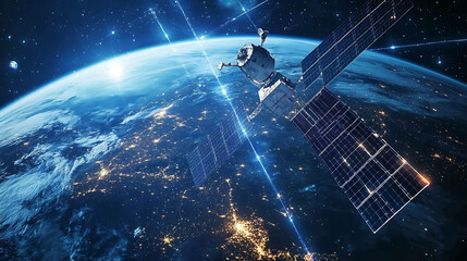 Satellite in orbit around the Earth with city lights visible below.