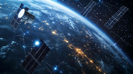 Satellite network orbiting Earth with city lights visible.
