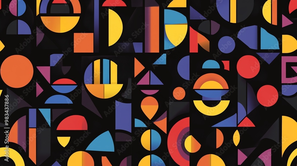 Poster abstract geometric pattern with bold colors and shapes on black background.