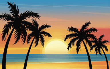 Palm Tree Silhouettes with Sunrise Vector