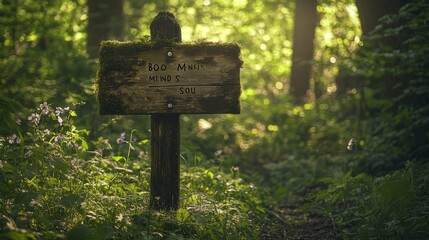 Rustic Trail Sign in Lush Forest Pathway
