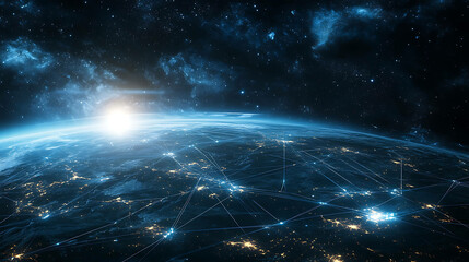 Earth at night with glowing lines connecting cities across the globe.