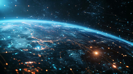 Obraz premium Earth glowing with city lights and lines of connection.