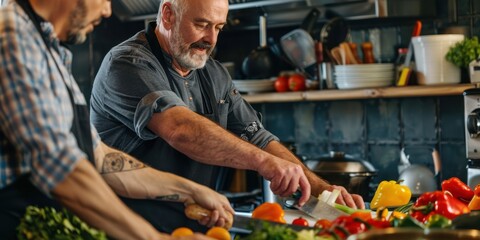 A mature man learning to chop vegetables in a professional kitchen