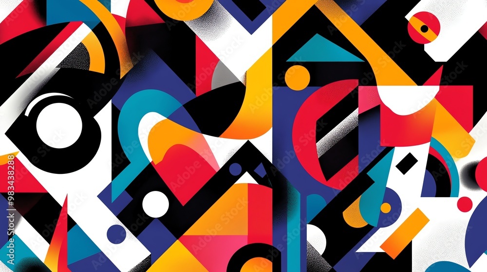 Poster bold abstract geometric shapes and patterns in bright colors.