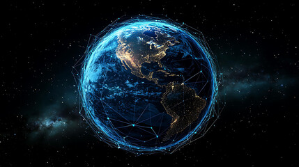 Obraz premium A digital network surrounds the Earth in space with stars and a galaxy in the background.